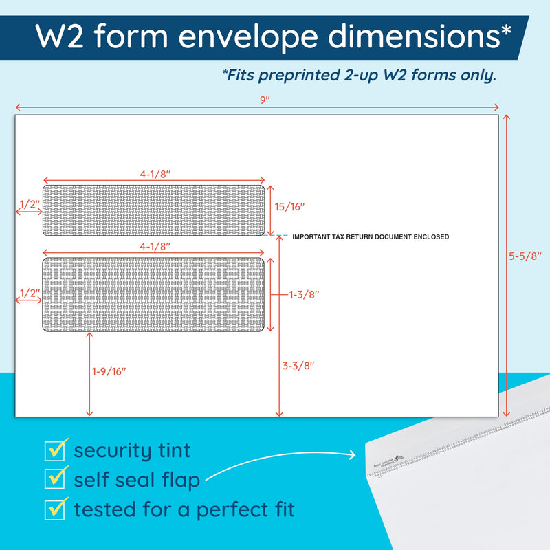 Blue Summit 50 W2 Envelopes 2025 Self Seal, W-2 Double Window Security Envelopes for 2 UP IRS Tax Forms from QuickBooks Online, Desktop, ADP and Other Software, 5 5/8’’ x 9’’, 50 Form Envelopes