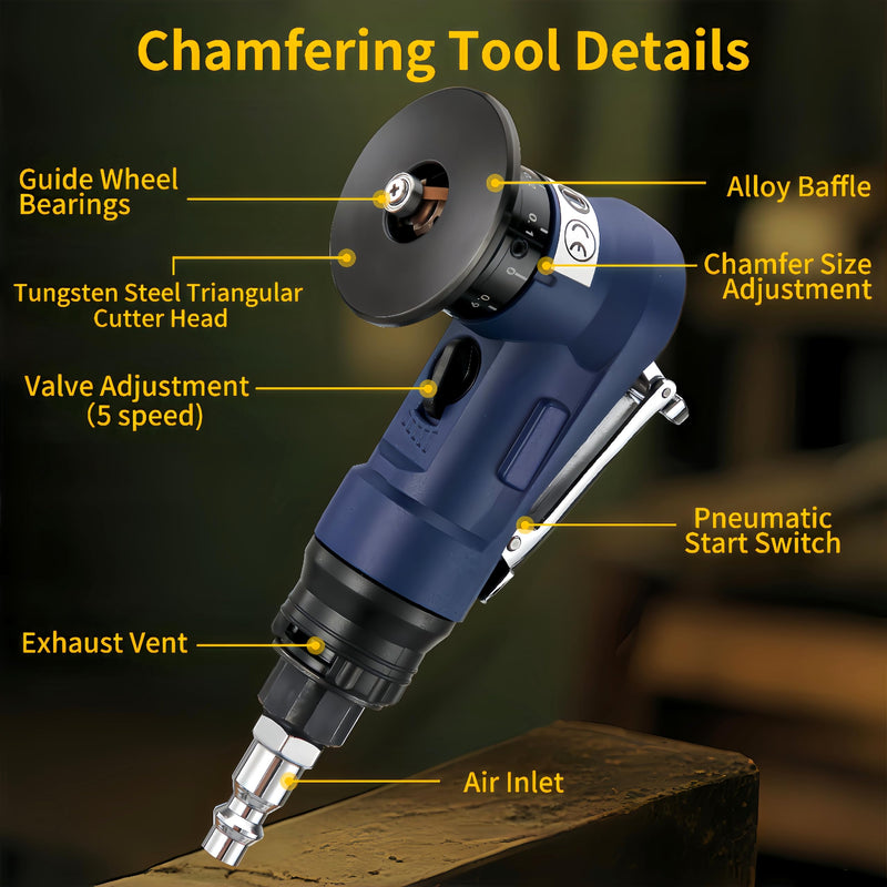 Pneumatic Chamfering Tool, 30000 RPM Air Chamfer Tool with 6 Bearings & Complete Screw Kit for Deburring & Beveling, Includes 8 C & 6 R Blades, 45°, 1/4" Air Inlet for Metal, Wood, PVC, Acrylic Blue