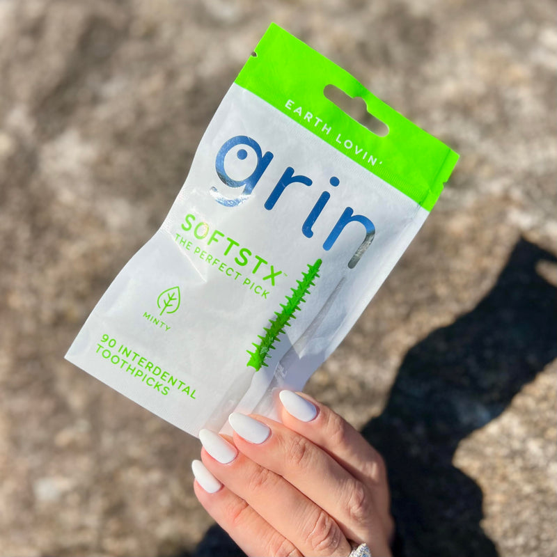 [Australia - AusPower] - Grin Softstx, Gentle Dental Picks, 90 Count, Soft Flexible Bristles, Textured Plaque Removing Toothpick, Minty Flavor, for Between Teeth, Refillable Hygienic Case, for Braces, Bridges, and Implants 