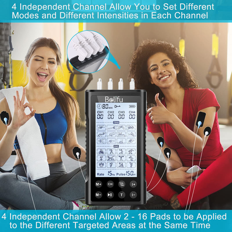 Belifu 4 Independent Channel TENS EMS Unit, 24 Modes,30 Level Intensity Muscle Stimulator Machine, Rechargeable Electric Pulse Massager with 10 Pads&5 Set Leads Wires, for Pain Relief Therapy(Black) Black