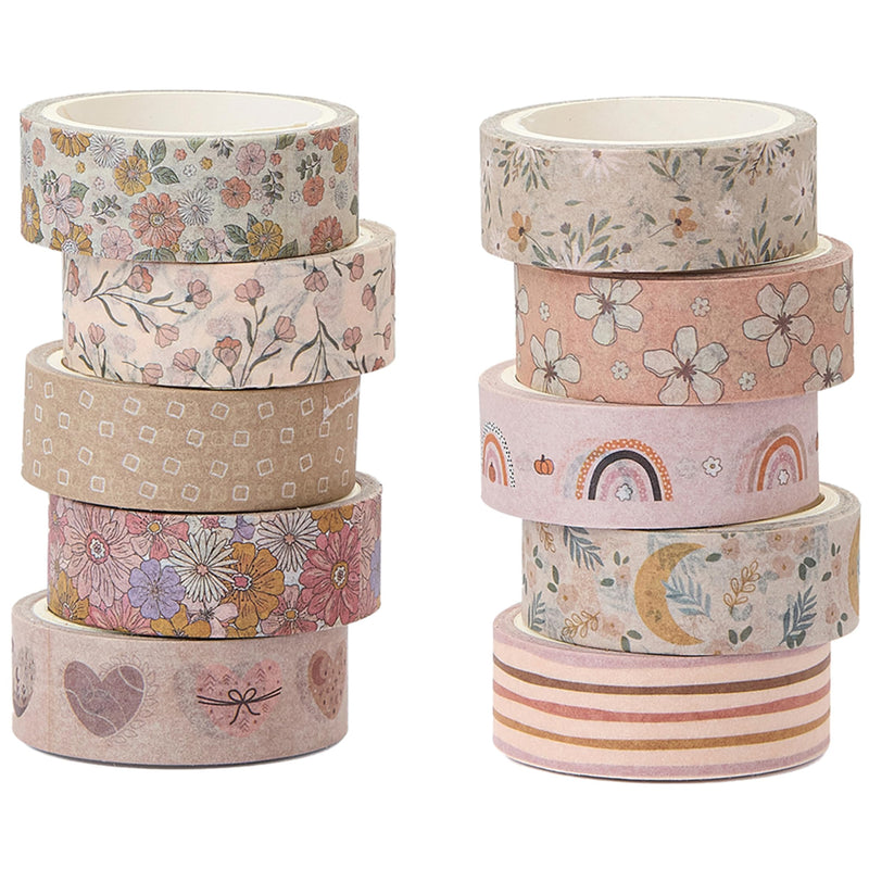 Boho Washi Tape Set 10 Rolls Cute Masking Graphic Floral Pattern Decorative Tapes for Arts, DIY Crafts, Journals, Planners, Scrapbook, Wrapping (Warm) Warm