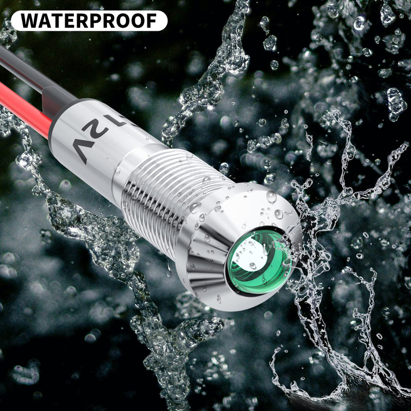 [Australia - AusPower] - DaierTek 8MM LED Indicator Light 12V Green LED Waterproof Metal 12 Volt Pilot Light Marine 5/16" Panel Mount Electrical Indicator Lights Pre-wired for Boat Car -10Pcs 