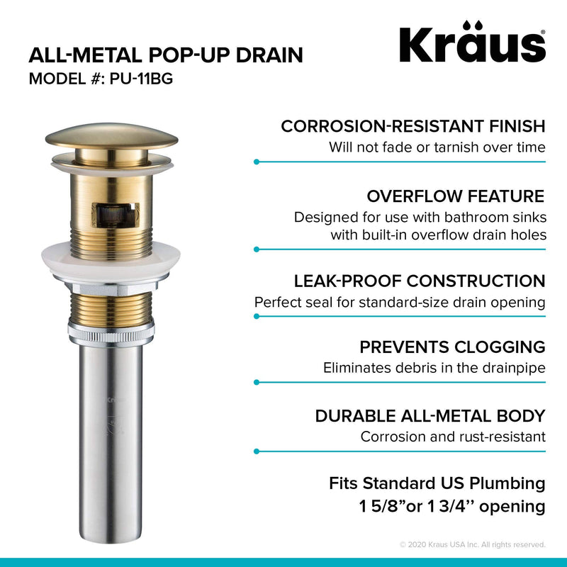 KRAUS Pop-Up Drain with Overflow in Brushed Gold, PU-11BG