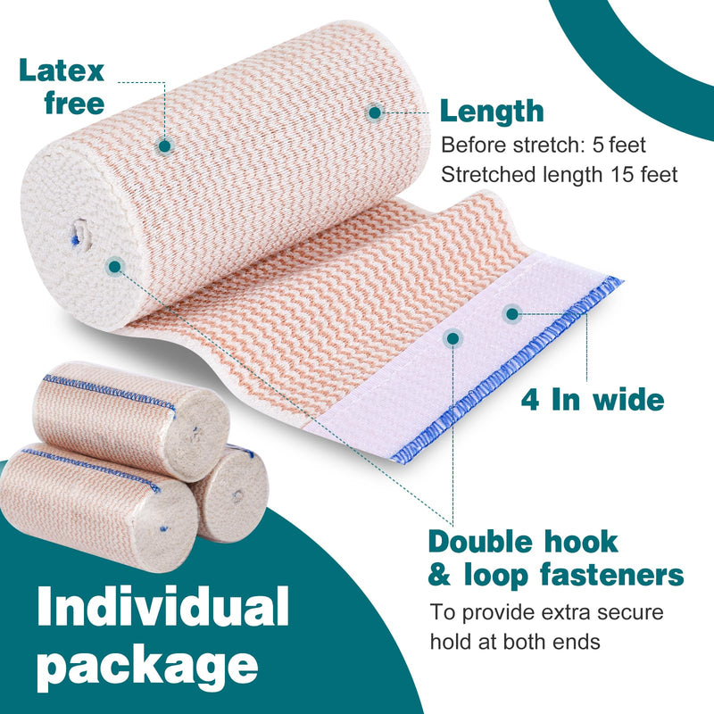 AZEN 4in Premium 2 Pack Elastic Bandage Wrap, Compression Wrap Bandage for Legs, Ankle, Knee, Tummy, Body, Lymphedema Wraps for Legs, Latex-Free A-2p