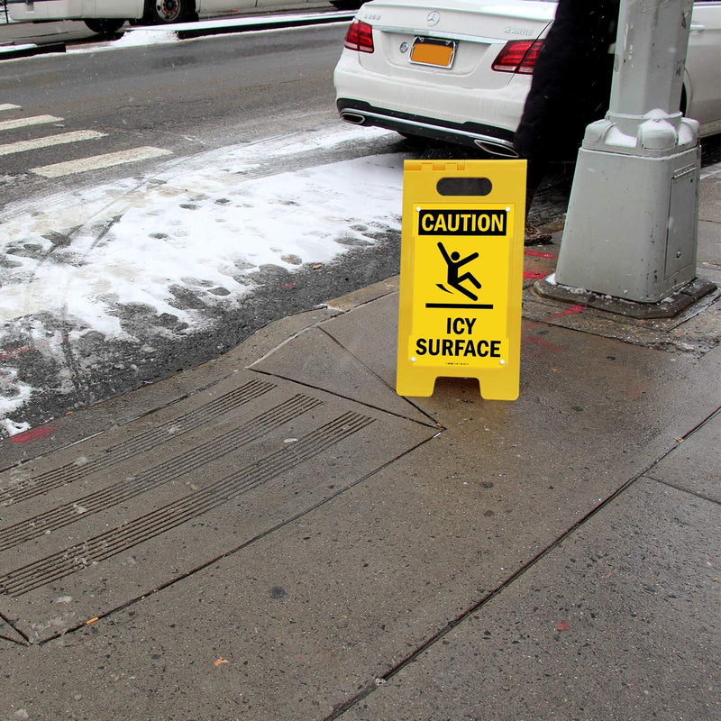 SmartSign 25 x 12 inch “Caution - Icy Surface” Two-Sided Folding Floor Sign with Symbol, Digitally Printed Polypropylene Plastic, Black and Yellow