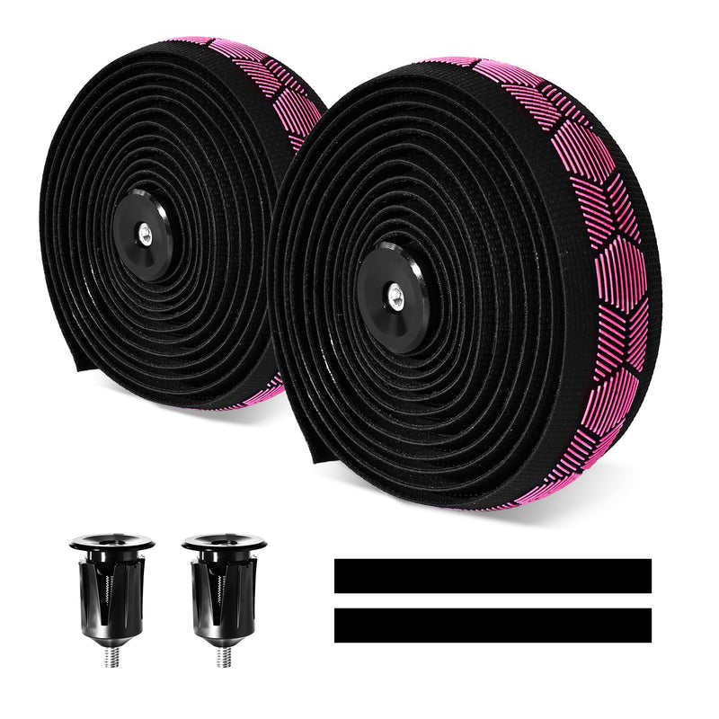 Silicone 3D Honeycomb Chevron Bike Handlebar Tape, Anti-Slip Shock-Absorbing Bar Wrap for Road/Gravel Drop Bars, Sweat-Resistant, Easy-Clean, with End Plugs (Black Pink) Black Pink