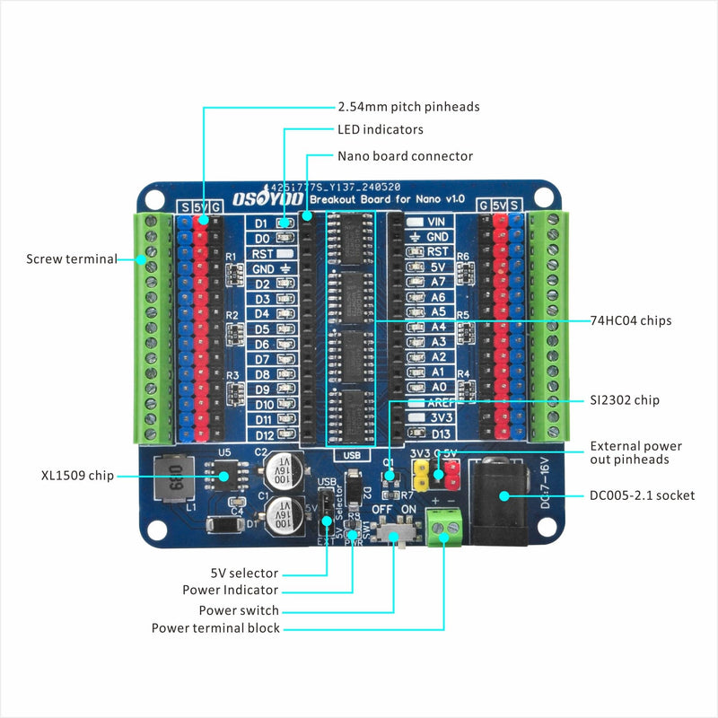 [Australia - AusPower] - OSOYOO Nano IO Shield Breakout Board with GPIO Status LED Terminal Extension Holder for Arduino Nano 