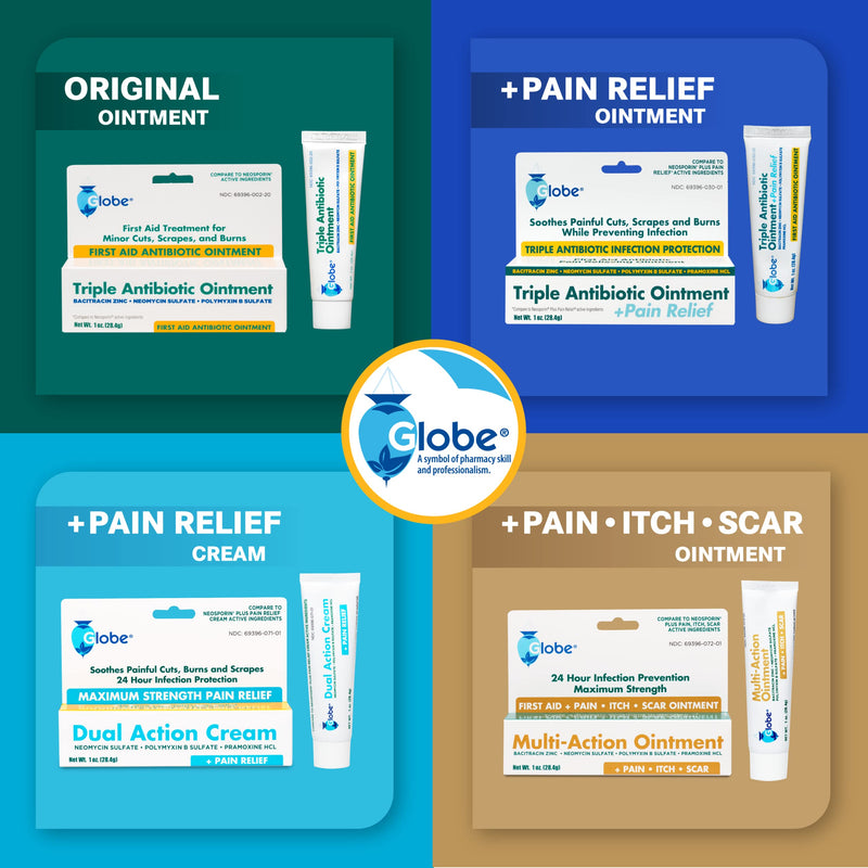 [Australia - AusPower] - (4 Pack) Globe Triple Antibiotic Cream + Pain Relief, Neomycin, Polymyxin B, Pramoxine HCl, Soothes Painful Cuts, Burns and Scrapes, 24 Hour Infection Protection 