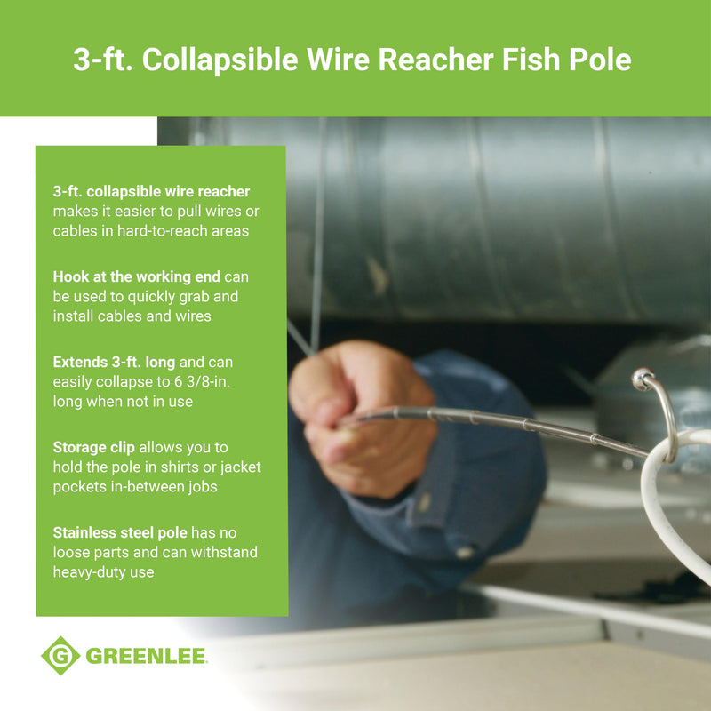[Australia - AusPower] - Greenlee FP3 3' Collapsible Wire Reacher Fish Pole with Storage Clip, Stainless Steel 