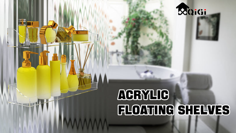 Acrylic Shower Shelves, 2 Pack Self Adhesive Bathroom Clear Floating Shelf Wall Mounted Thick Storage and Decor Rv Accessories Display No Drilling Organization Home Apartment Essentials Without Hook