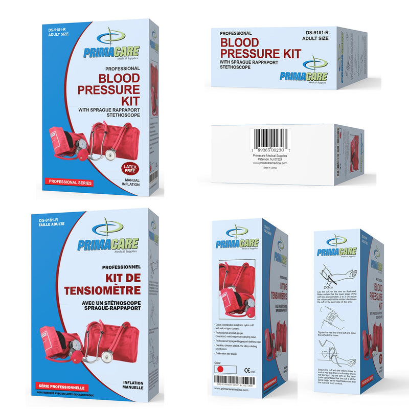[Australia - AusPower] - Primacare DS-9181-RD Professional Aneroid Sphygmomanometer and Sprague Rappaport Stethoscope, Manual Blood Pressure Kit with Cuff and Carrying Case, Red 
