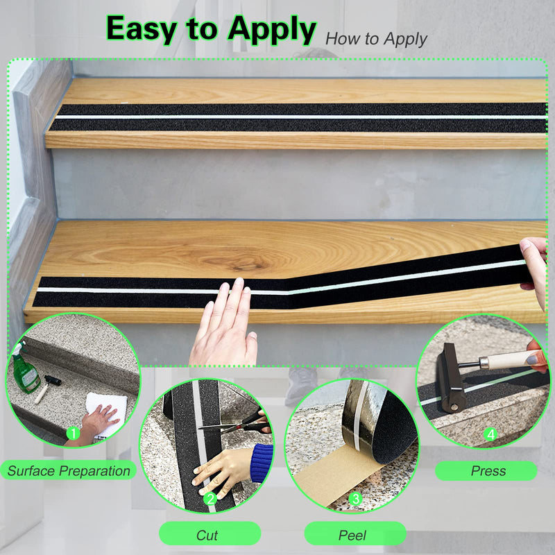 S&X Heavy Duty Anti Slip Tape 2 Inch x 60 Ft with Glow in The Dark Strip - Durable Grip Tape for Stairs, Outdoor Non Slip Stair Tread Non-Skid Safety Tape 2" X 60' Black/Glow-in-the-Dark