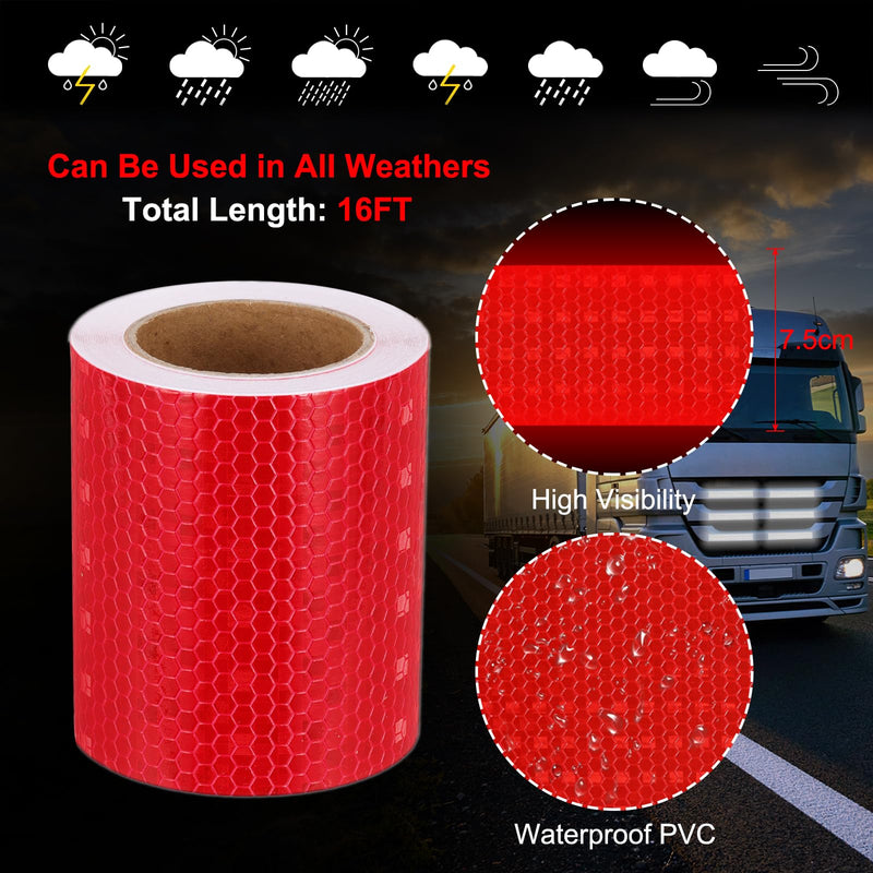 MECCANIXITY Reflective Tape, 3 Inch x 16 ft Self-Adhesive Trailer Reflector Tape Waterproof Warning Safety Sticker High Visibility Night Reflectors for Bikes Cars, Red 3 Inch x 16 Feet