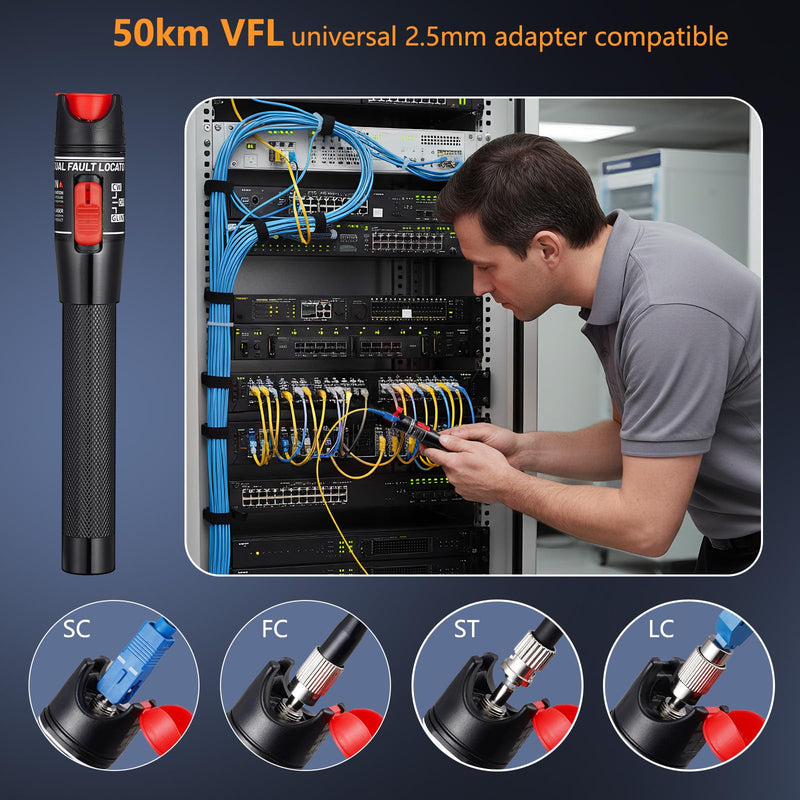 Visual Fault Locator 50KM - VFL Fiber Optic Tester Kit with Universal 2.5mm Connector, Includes FC to LC Adapter, Compatible Single Mode 9/125um & Multimode, Fiber Light & Laser for CATV Telecom