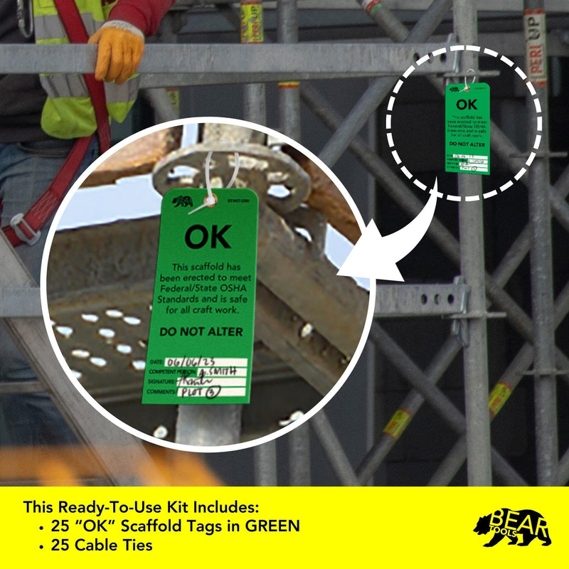 BearTOOLS Scaffold Tags - Safety Inspection Kit with Cable Ties - OK Scaffold Status Warning Sign - Laminated 3 x 6 in, Pack of 25 - Weatherproof, Tear-Resistant - Green Tags