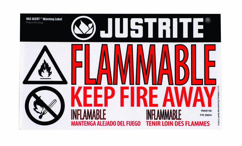 Justrite 29004 Haz-Alert Flammable Warning Label, 10-1/4" Width x 6" Height, Small