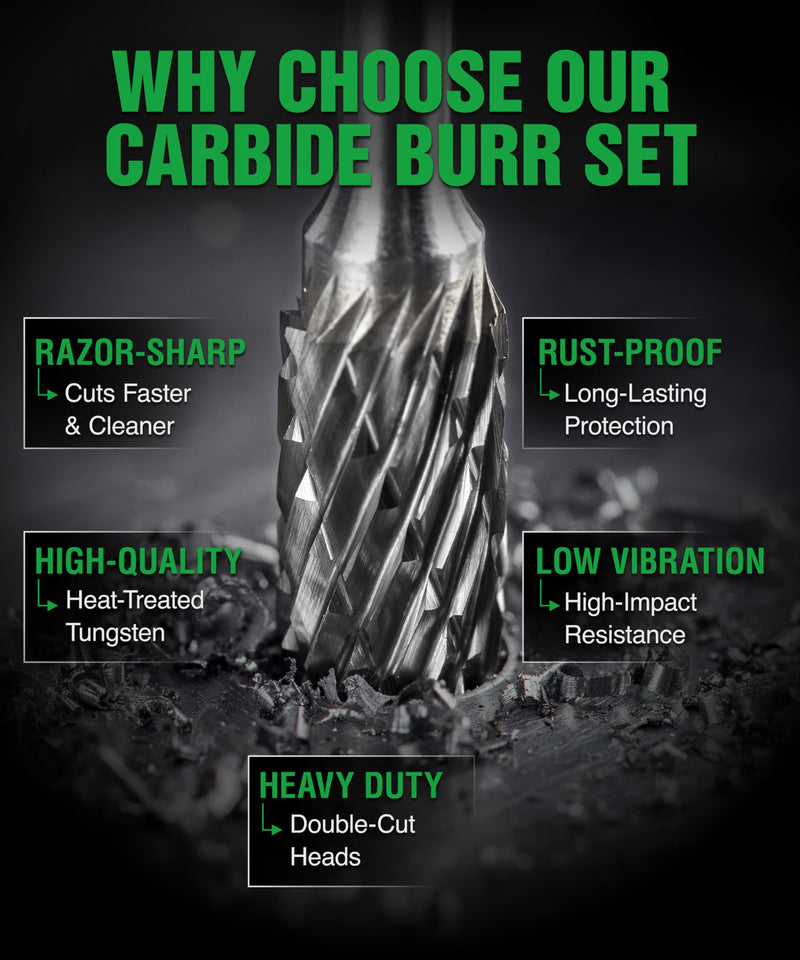5Pcs Carbide Burr Set 1/4 Shank w/Clear Box Head Dia 8mm Die Grinder Bits Rotary Tools Attachment Kit Rasp File Accessories Metal Wood Stone Steel Grinding Deburring Cutting Porting Carving 5 pcs