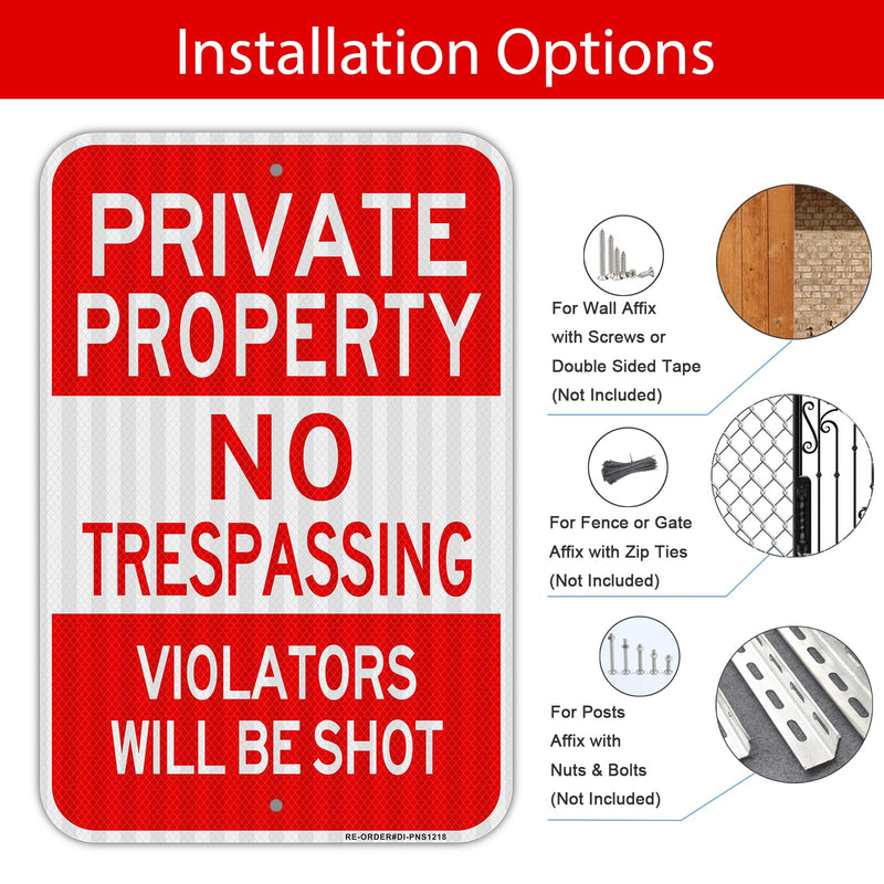 Private Property No Trespassing Sign 2 Pack, Large 18"x12" Violators Will Be Shot Sign, Heavy Duty Reflective Aluminum, Rust Free Weather Resistant Red- 18"x12"
