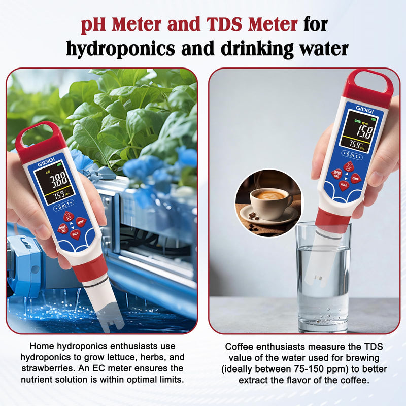 5 in 1 Digital pH Meter TDS EC Temp. Salinity Tester, Update Color Screen Pool Salinity Meter with Calibration Kit, Hydroponic pH Reader with Reset Function for Aquarium Reef Tank Cooking water