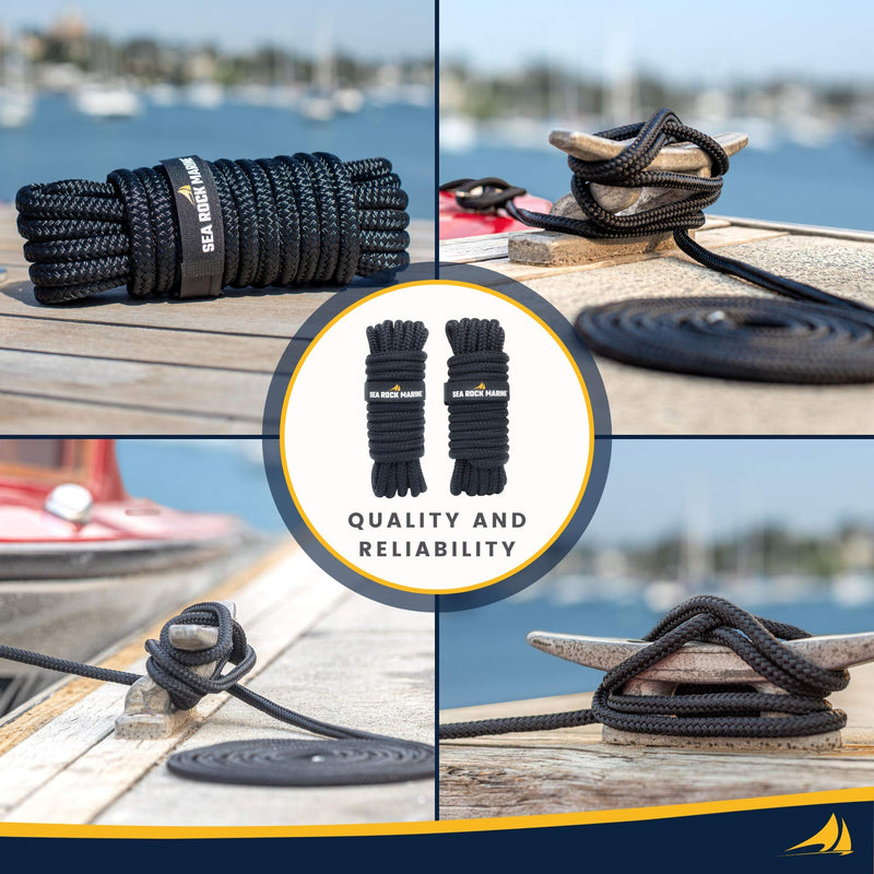 Premium Double Braided Nylon Dock Lines w 12” Eyelet & Bundle Ties - For Boats, Marine Rope, Boat Accessories - Black Black - 2 Pack 15' x 3/8"