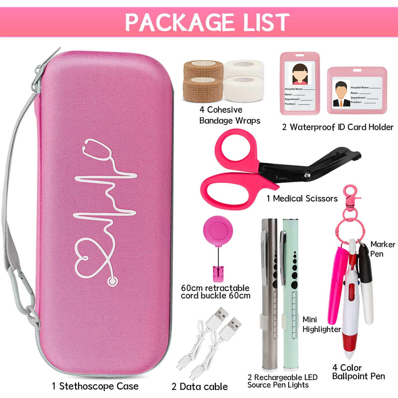 [Australia - AusPower] - 16 Pcs Stethoscope Case Kits, Stethoscope Case with Supplies Include 2 Pcs Rechargeable LED Pen Lights, Nurse Scissors, Nurse Pens, Bandage Wraps, Nurse Accessories, Perfect Nurse Gifts(Pink) Pink 