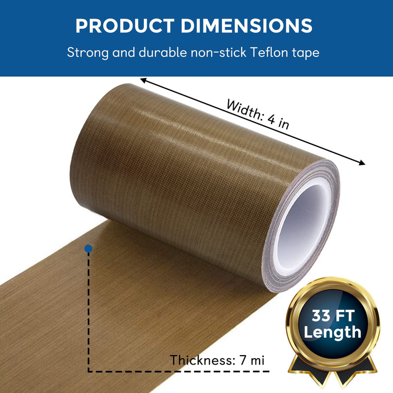 GCQ Teflon Fabric Tape, 4 Inch 30 Feet PTFE Tape for Vacuum Sealer Machine, Hand Impulse Sealers Insulation PTFE Coated Fiberglass Adhesive Tape Compatible with FoodSaver, Seal A Meal, Weston, Cabella 4 IN