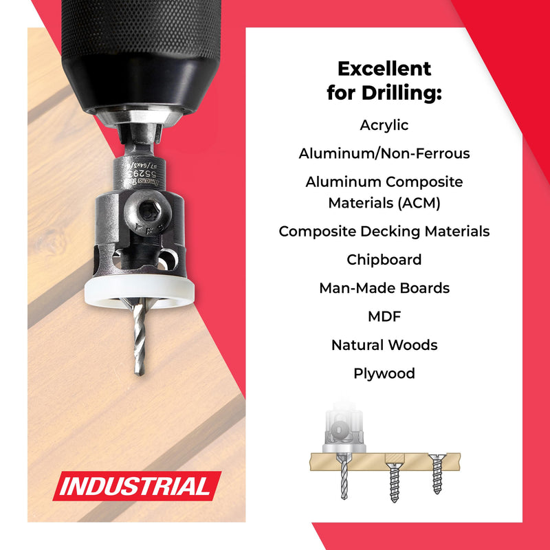 Amana Tool 82 Degree Countersink with Adjustable Low Friction Drill Bit Depth Stop, 55293, 3/8 D x 7/64 Drill D x 1/4 Inch Quick Release Hex Shank