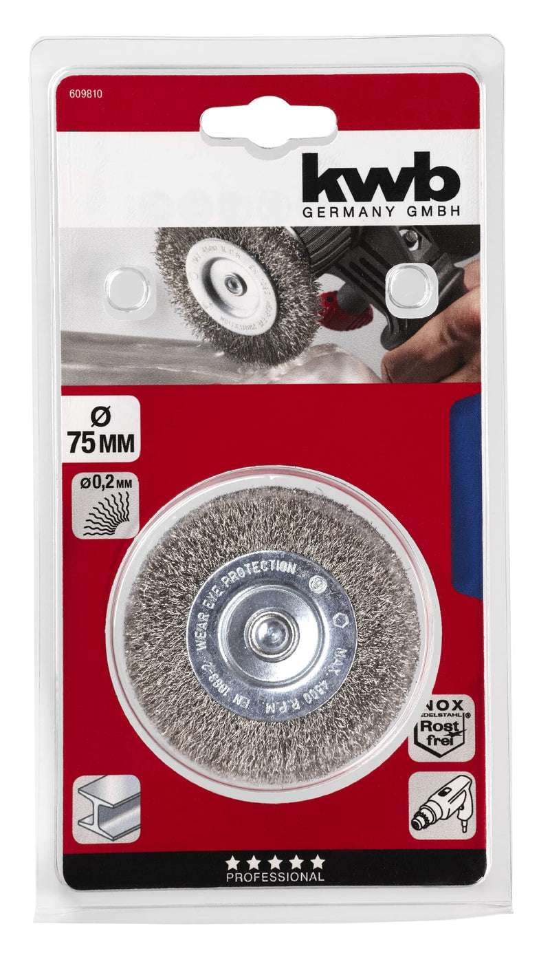 [Australia - AusPower] - kwb Disc Brush, Fine, Stainless Steel Wire, Diameter 75 mm for Metal and Stone, Wire Brush for Drill Machine incl. E6.3 Hex Shank, for Rust Removal, Descaling, Roughening and Cleaning fein Disc brush diameter 75 mm 