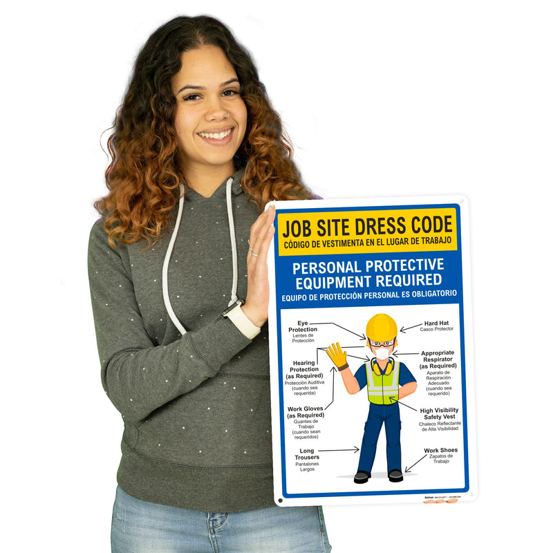 Brimar - 12" x 18" - Bilingual Job Site Dress Code Sign - .055″ Polyethylene Plastic - Bold Text - Easy Installation Bilingual Job Site Dress Code (12x18")