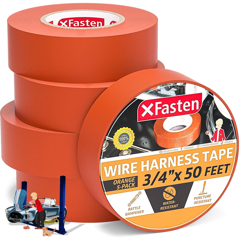 XFasten Wire Harness Tape Orange 5-Pack, 3/4 Inch x 50 Feet High Temp Wiring Loom Harness Tape, Self-Adhesive Felt Cloth Electrical Tape for Automotive Engines, Noise Dampening, and Cable Protection 3/4-inch x 50-Feet (5 packs)
