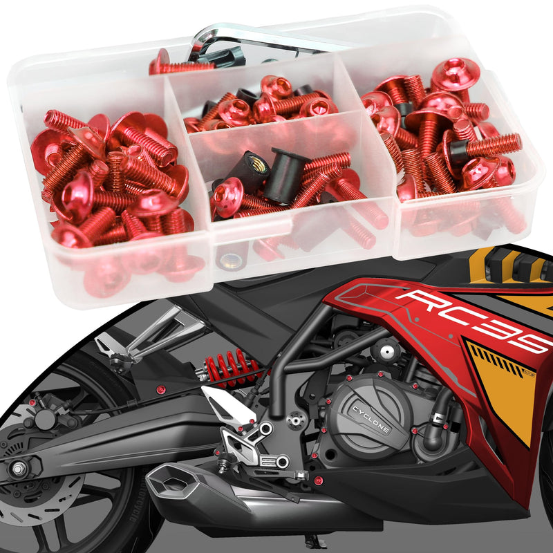 [Australia - AusPower] - 210Pcs Motorcycle Universal Fairing Bolt Kits, Aluminum Alloy M5 M6 Screws Fasteners, Washers Nuts Clips Assortment (Red) 