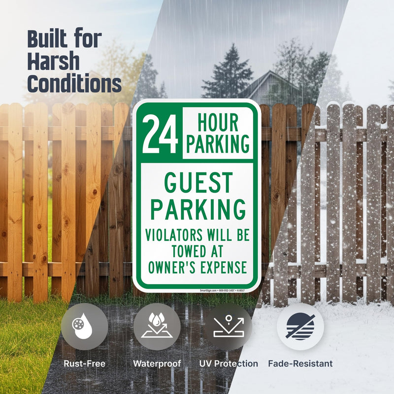 SmartSign 24 Hour Guest Parking Violators Towed At Owner's Expense Sign - 2-Pack, 12" x 18", 80 mil Thick Aluminum Composite (ACM), Pre-Drilled Holes, Green and White, Made in USA 12" x 18" - AL ACM (Pack of 2)