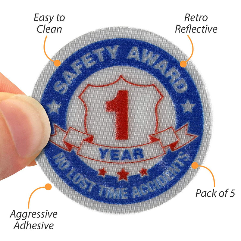 SmartSign 1 Year Safety Award - No Lost Time Accidents Pack of 5 Hard Hat Labels | Retro-Reflective, 2" Circle