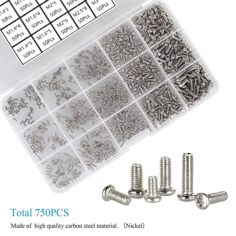 [Australia - AusPower] - 750pcs M1.4/M1.6/M2/M2.5/M3 Phillips Pan Head Small Machine Screws,Tiny Screw,Micro Little Screws,Mini Screw Assortment Kit for Watch,Toy,Electronic Equipment Repair,Nickel-Plated Carbon Steel 