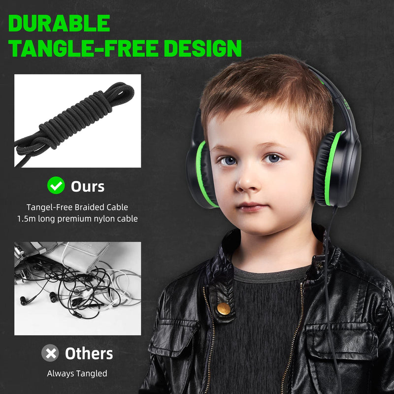 [Australia - AusPower] - Green Wired Headphones for Boys Portable On Ear Youth Headphones for School Airplane Travel Lightweight Portable Compatible with Pad Computer Laptop for Adults Student Children Girls Kids Black/Green 