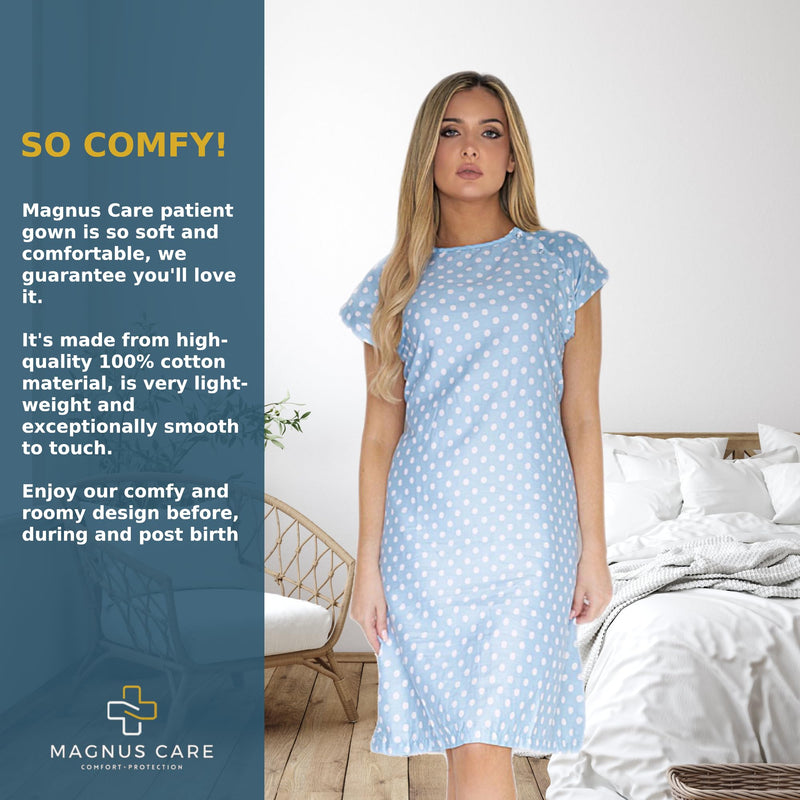 [Australia - AusPower] - Hospital Gown for Women Labor & Delivery, 100% Cotton Easy Snap Back Closure, Shoulder Snap Polkadot Patient Gown Large-X-Large Blue 