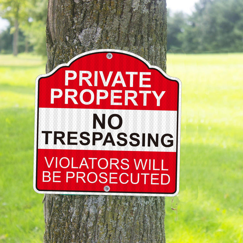 (4 Pack) Reflective Metal Private Property No Trespassing Signs, 12" x 12" Heavy-duty Aluminum Private Property Signs Outdoor, Keep Out Violators Will Be Prosecuted, Weather-resistant