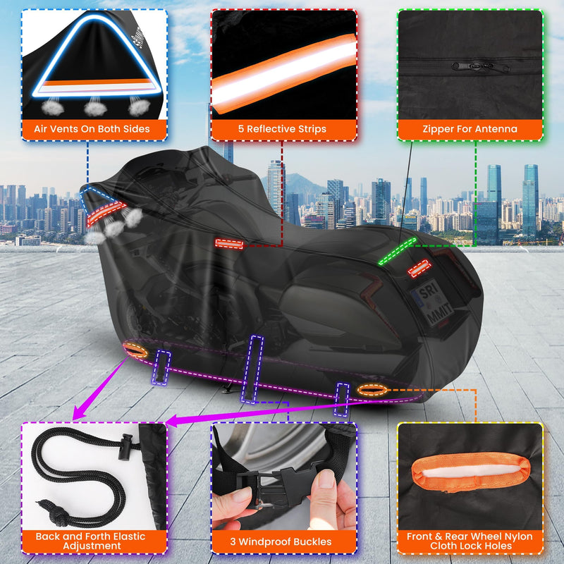 Motorcycle Cover Heavy Duty, 420D Motorcycle Cover Waterproof Outdoor with Nano Coating, 5 Reflective Strips and Air Vents, Dirtbike Cover (Black 3XL) 3XL(109"x44"x56") Black