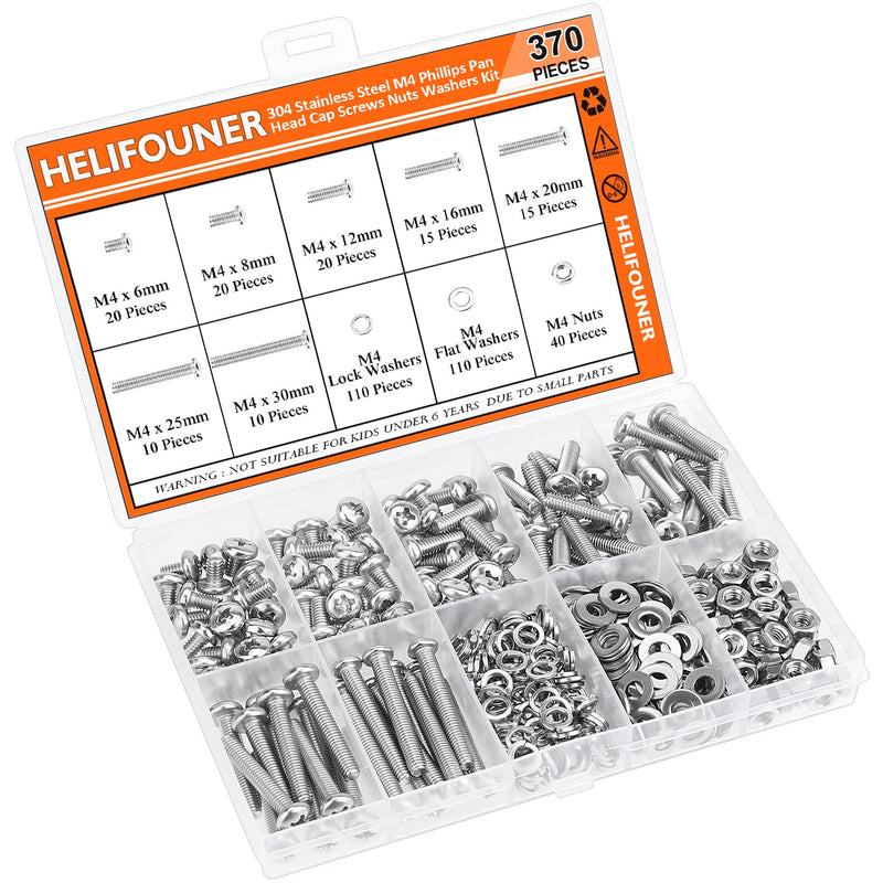 [Australia - AusPower] - 370 Pieces M4 x 6mm /8mm /12mm /16mm /20mm/25mm /30mm, Phillips Pan Head Machine Screws, Metric Screws Bolts Washers Nuts Kit, 304 Stainless Steel 