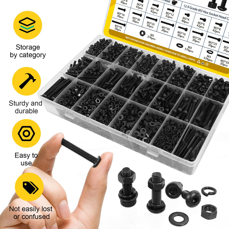[Australia - AusPower] - 2300PCS M3 Screws with Nuts Assortment Kit & 225PCS Metric M4 M5 M6 Machine Screws Assortment Kit, Black Zinc Plated 