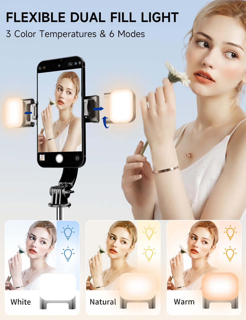 [Australia - AusPower] - 45" Selfie Stick Tripod with 2 Lights, Extendable 5 in 1 Selfie Stick Phone Tripod, Portable Selfie Sticks with Wireless Remote Compatible with iPhone 15/14/13 Pro Max, Samsung, Android, Gopro Black(with 2 Light) 