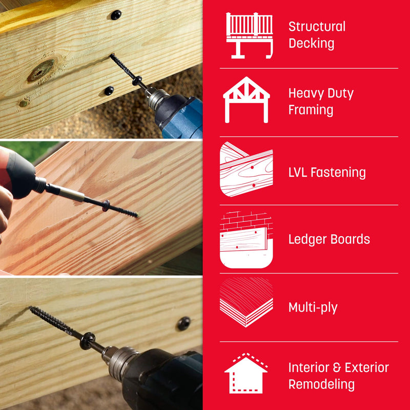 GRK Fasteners RSS™ 5/16 x 6 Inch, Black Multi-Purpose Structural Screws, 25 PCS, Rust Resistant Climatek™ Coating, Interior and Exterior Use, Heavy-Duty, Decorative Hardware Decking Screws, Fast Bite 5/16" x 6"