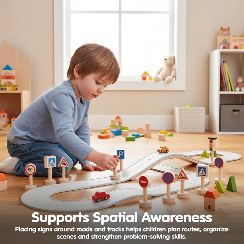 PlanToys® Traffic Signs & Lights Wooden Montessori Imaginative Play Set | Early Language, Social Skills and Real-World Awareness Activity | Eco Friendly Road Sign Learning Set for Meaningful Play