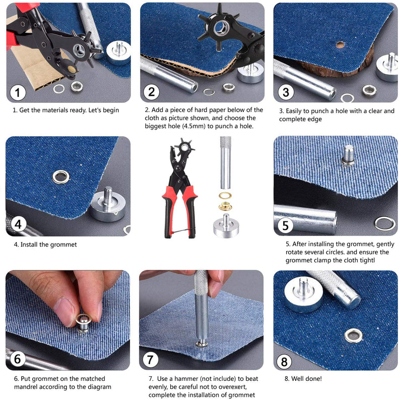 Leather Hole Punch Tool for Belt - Multi Hole Sizes Puncher for Belts, Watch Bands, Straps, Dog Collars, Saddles, Shoes, Fabric, DIY Home or Craft Projects - with 5/32" Grommet Eyelet Kit 100 Sets 02-Black/Red