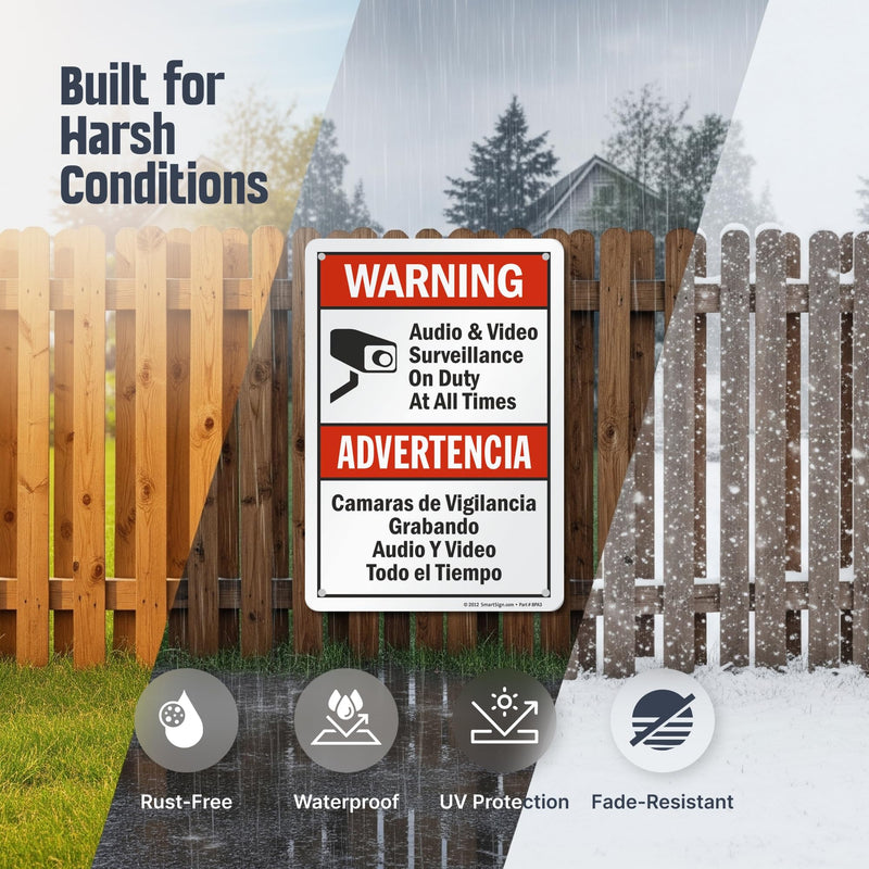 SmartSign "Warning - Audio & Video Surveillance On Duty At All Times" Bilingual Sign | 7" x 10" Aluminum 10" x 7"