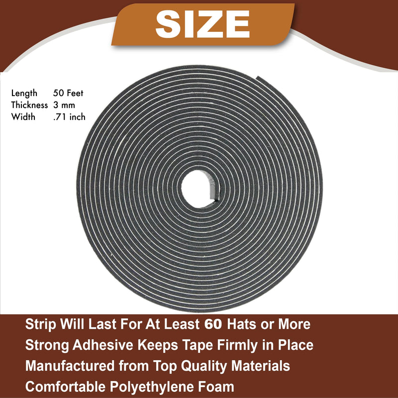 Hat Tape Roll 600" (50 Feet) Black - Hard Hats Size Reducer Foam Filler - Cap Sizing Strip Insert - for Fedora, Baseball Caps, Pana, Straw, Cowboy, Western