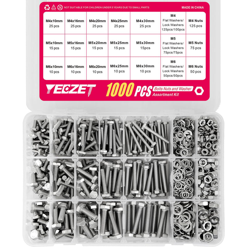 [Australia - AusPower] - YEEZET 1000pcs M4 M5 M6 Bolts and Nuts Washers Assortment Kit, 304 Stainless Steel Metric Bolt Assortment Set,15 Most Common Sizes,10-40mm M4 M5 M6 Bolts and Nuts Kit (SS304 1000PCS) 