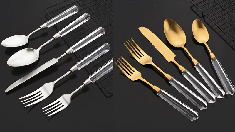 JASHII 5pcs Silver 304 Stainless Steel Flatware Cutlery Set with Transparent Acrylic Handle Diamond Shape, Matte Knife Fork Spoon Set, Dishwasher Safe for Home Wedding Hotel Silver - Service for 1