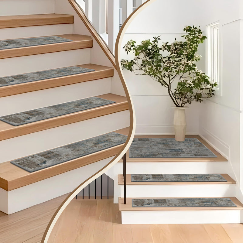 Non-Slip Carpet Stair Treads 4PCS, 8"x30" Peel and Stick Stair Runner for Wooden Steps Indoor, Washable Reusable Adhesive Backing, Pet-Friendly Safety Mats for Kids, Elders, Dogs 8inch x 30inch Slate Blue l Olive Brown 4