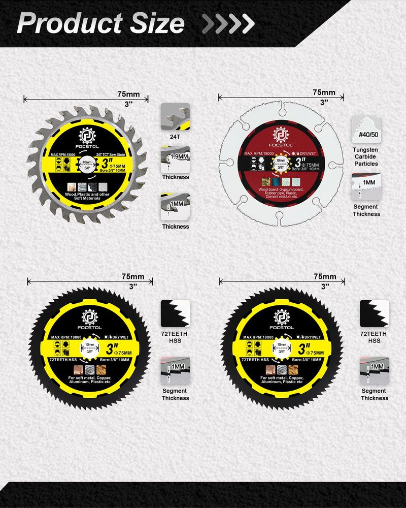 FOCSTOL Cutting Disc Set 75 mm x 10 mm - 4 Pieces Saw Blades for Cutting Wood Metal Plastic for Angle Grinder TCT/Holz/HSS Trennscheibe